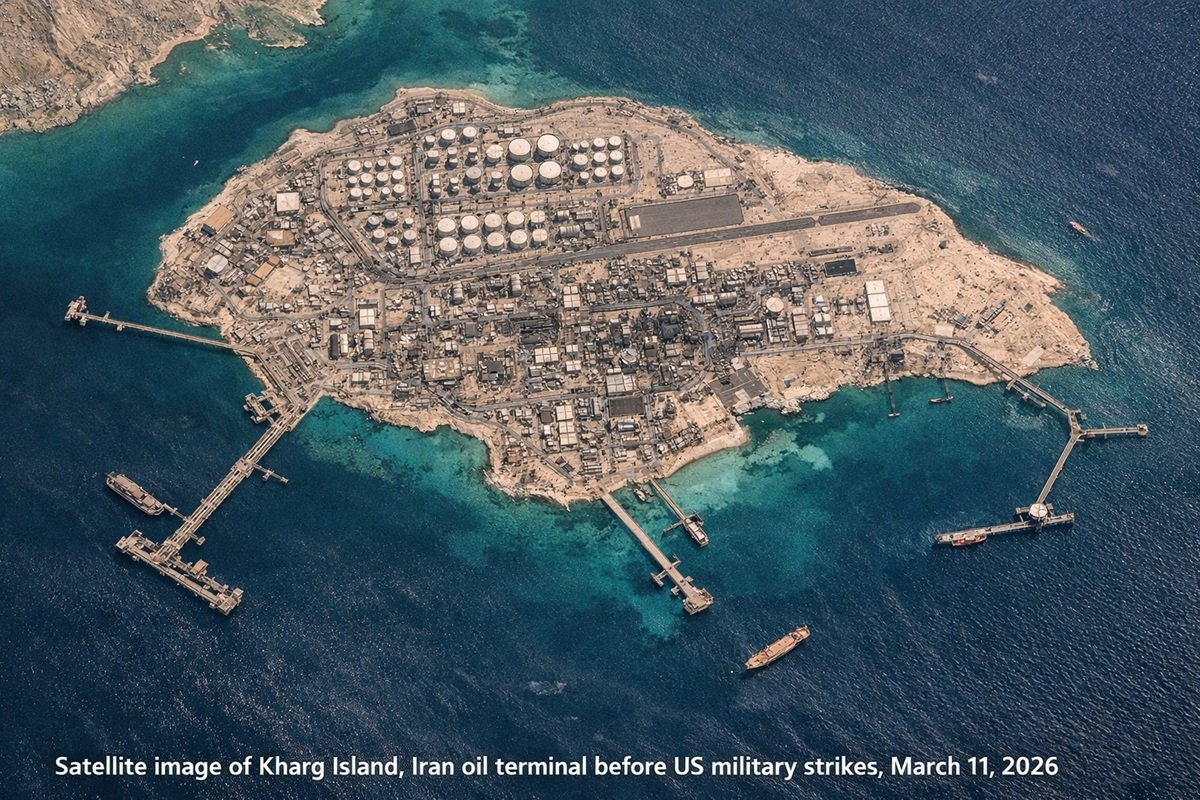 Satellite image of Kharg Island Iran oil terminal before US military strikes March 2026